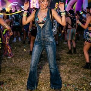 Vintage 90s Y2K Imperial Star Denim Jumpsuit Flare Leg Button Front Low Rise M